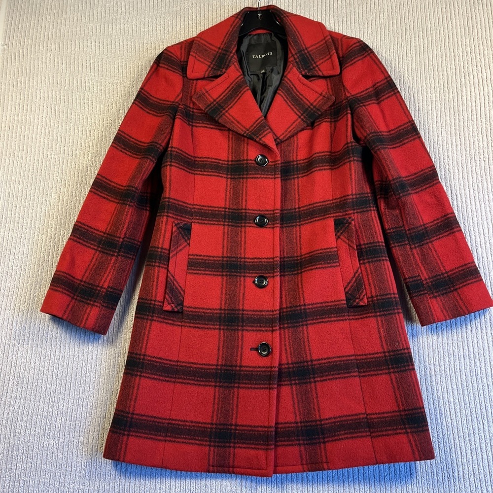 Talbots Coat Women's 8 Red Plaid Mid Length Wool Nylon Blend Jacket M